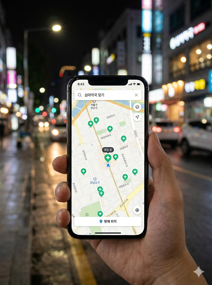 E-Gen 응급의료포털 앱을 활용하여 내 주변 야간 약국을 검색하는 스마트폰 화면