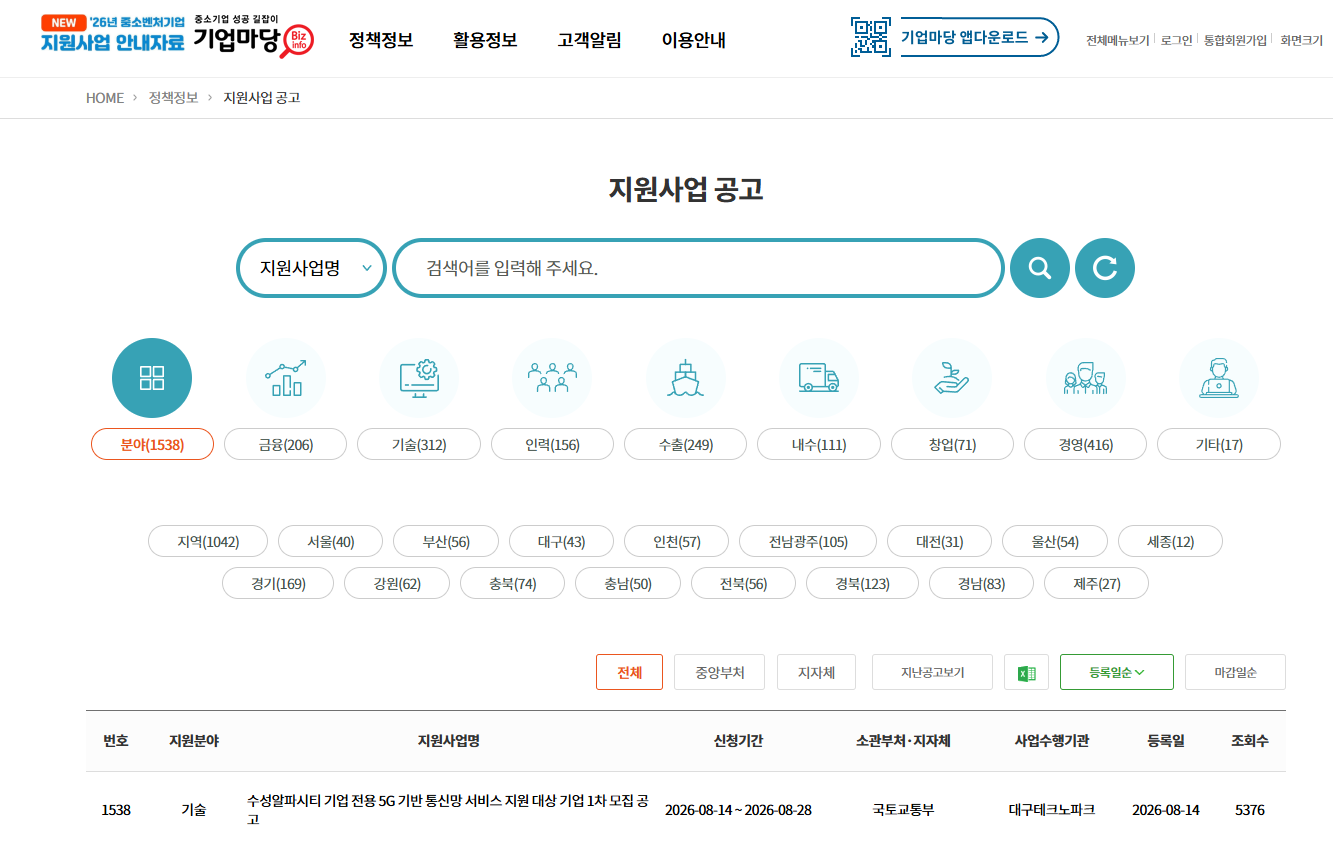 기업마당 정부지원사업 분야 지역별 검색 화면