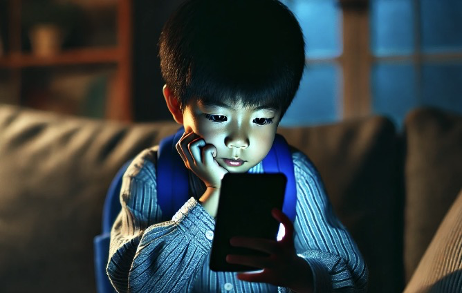 소파에서 스마트폰을 하는 아이의 모습