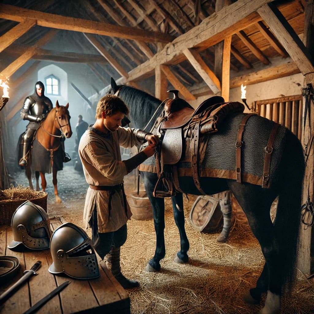 중세 유럽 마구간에서 말을 돌부고 있는 마구간지기(Stable Hand) 이미지