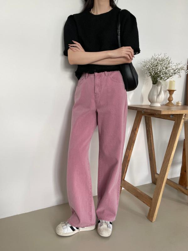 다잉 핑크 데님 세미 와이드 면바지 팬츠