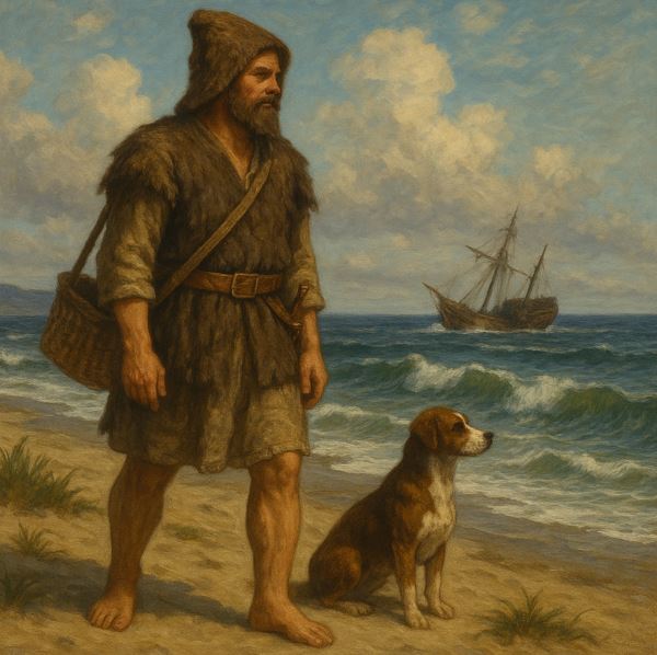 로빈슨 크루소가 해변에 서서 난파된 배를 바라보는 장면