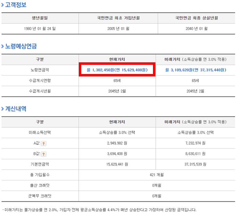 국민연금 예상수령액을 수령나이를 조회하는 과정 화면