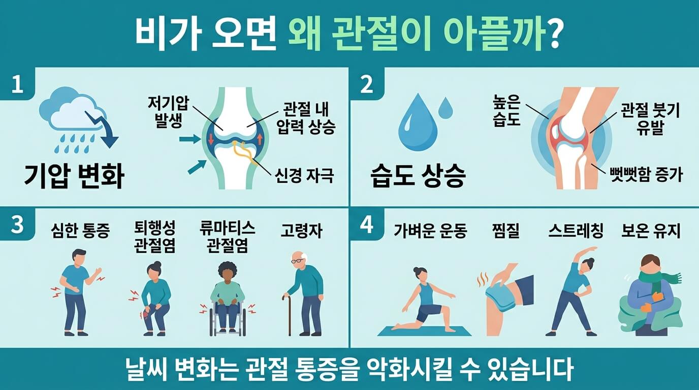 비 오는 날 관절 통증이 심해지는 이유와 관리 방법을 설명하는 건강 인포그래픽
