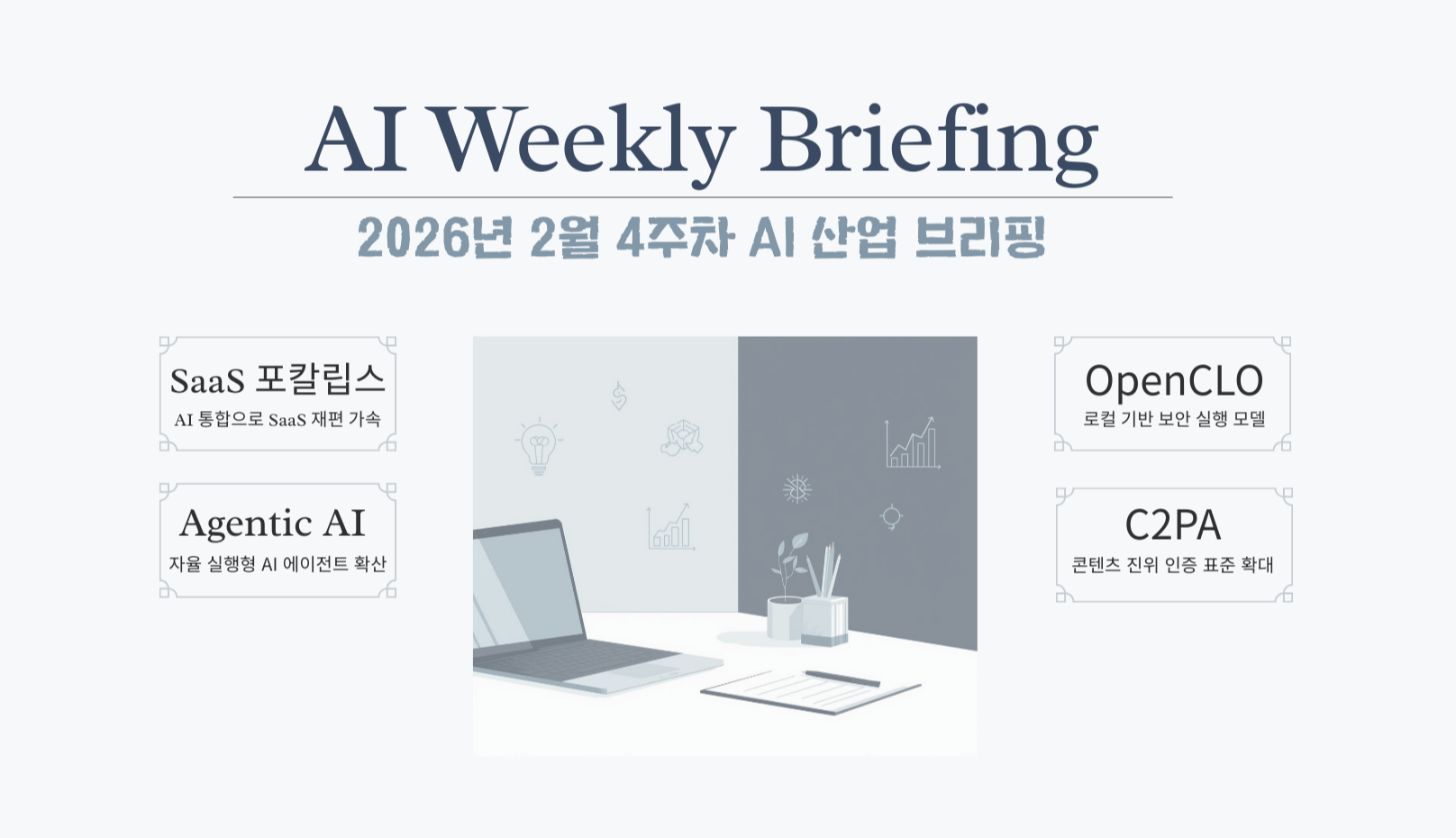 2026년 2월 4주차 AI 산업 브리핑 슬라이드. SaaS 포칼립스, Agentic AI, OpenCLO, C2PA 주요 트렌드를 정리한 미니멀한 프레젠테이션 화면
