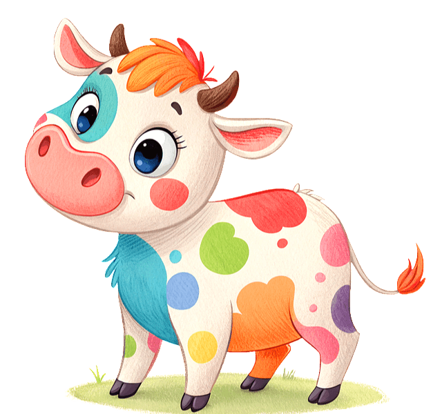 송아지가 서 있다. 작은 뿔이 나 있고, 하얀 몸에 분홍색 점박이가 있는 송아지 그림이다.