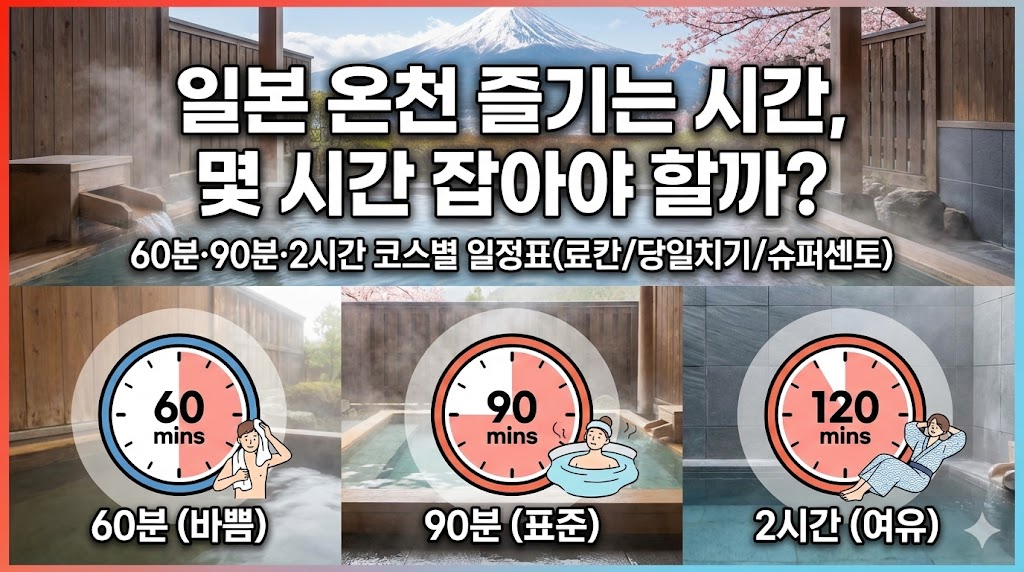 일본 온천 즐기는 시간, 몇 시간 잡아야 할까? 60분·90분·2시간 코스별 일정표(료칸/당일치기/슈퍼센토)
