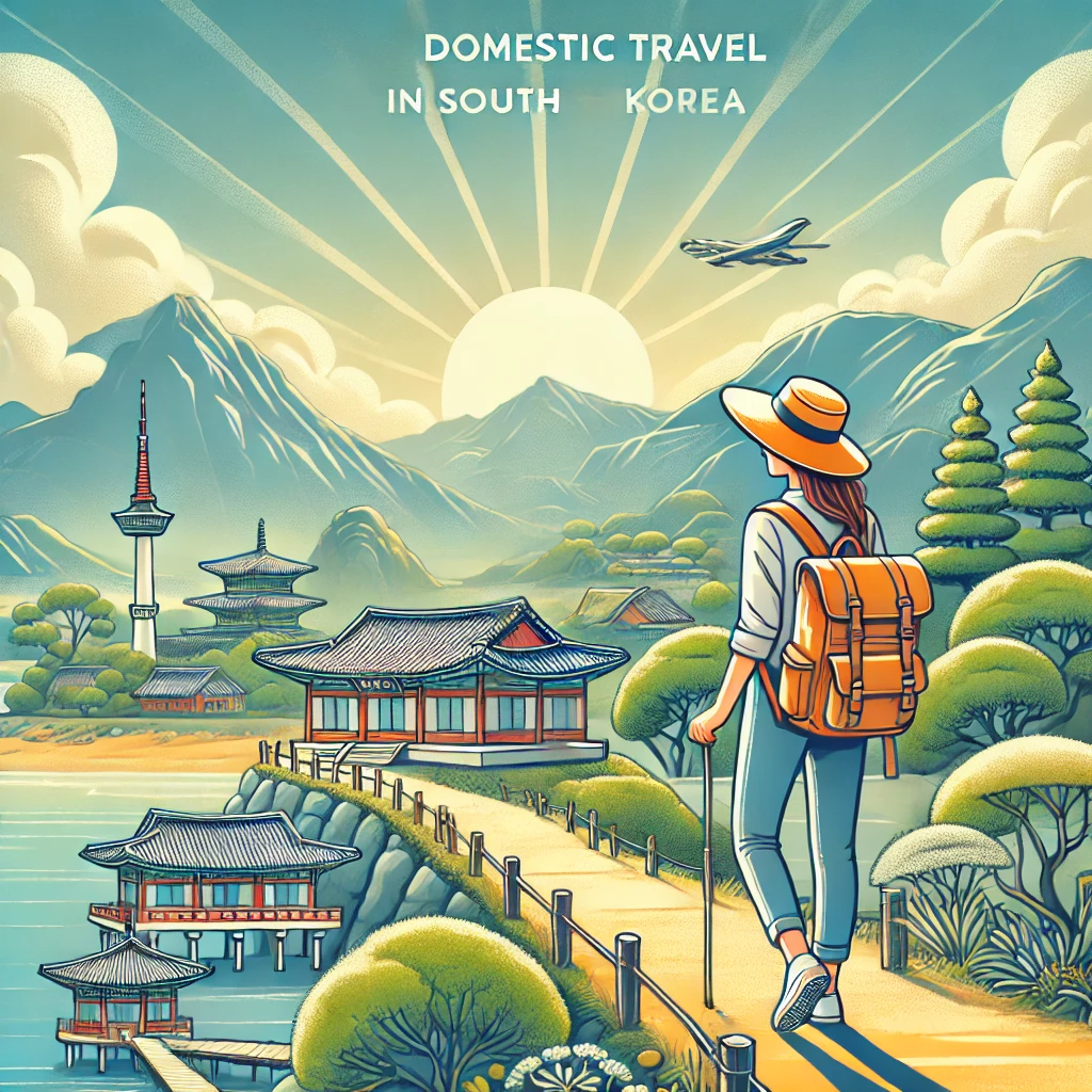 혼자 떠나는 국내 여행을 표현한 이미지입니다. 바다를 따라 걷는 여행자의 모습과 한국적인 풍경이 조화를 이루며 힐링 여행의 느낌을 담았습니다.