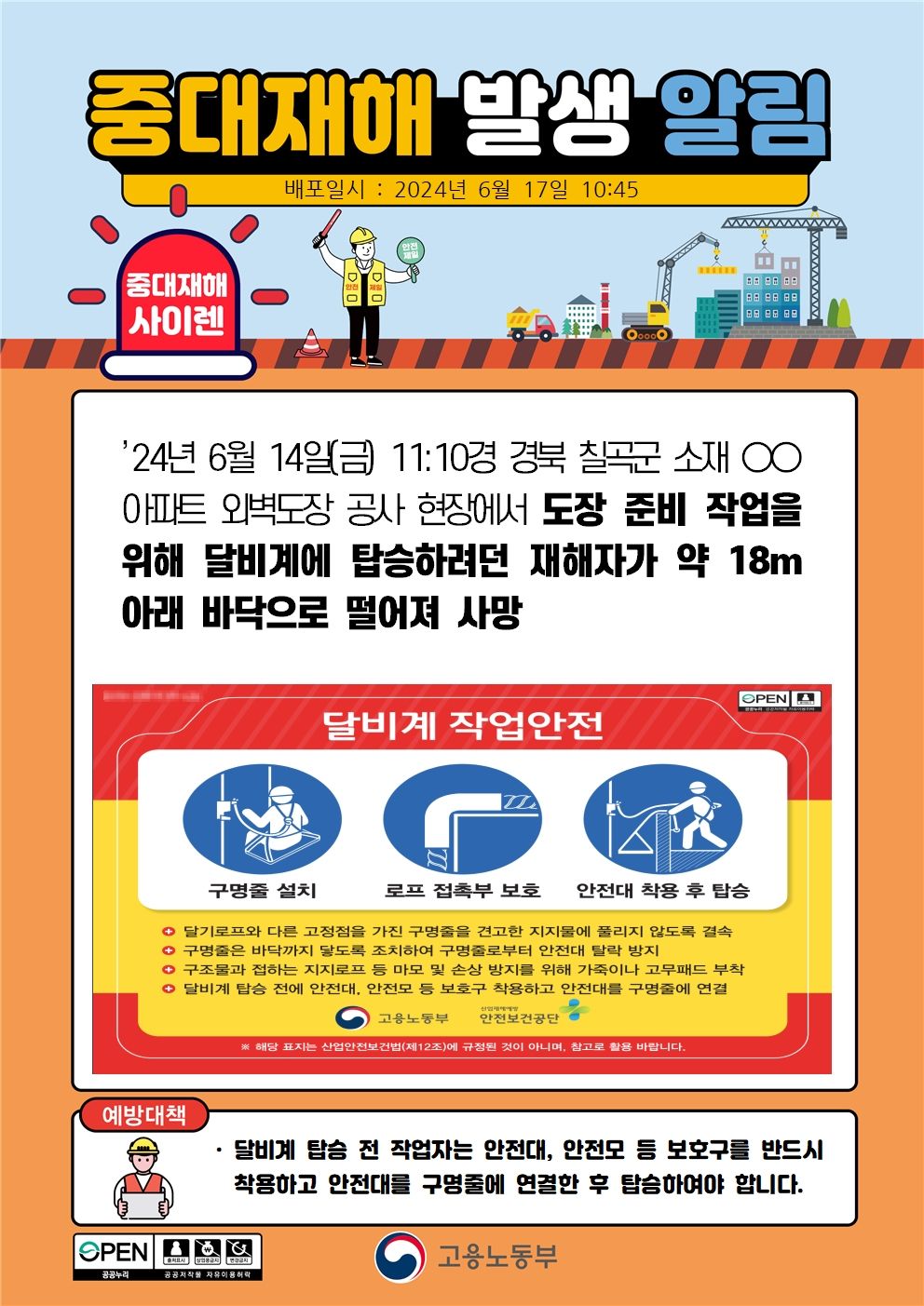 도장 준비 작업을 위해 달비계탑승 중 떨어짐(18m)