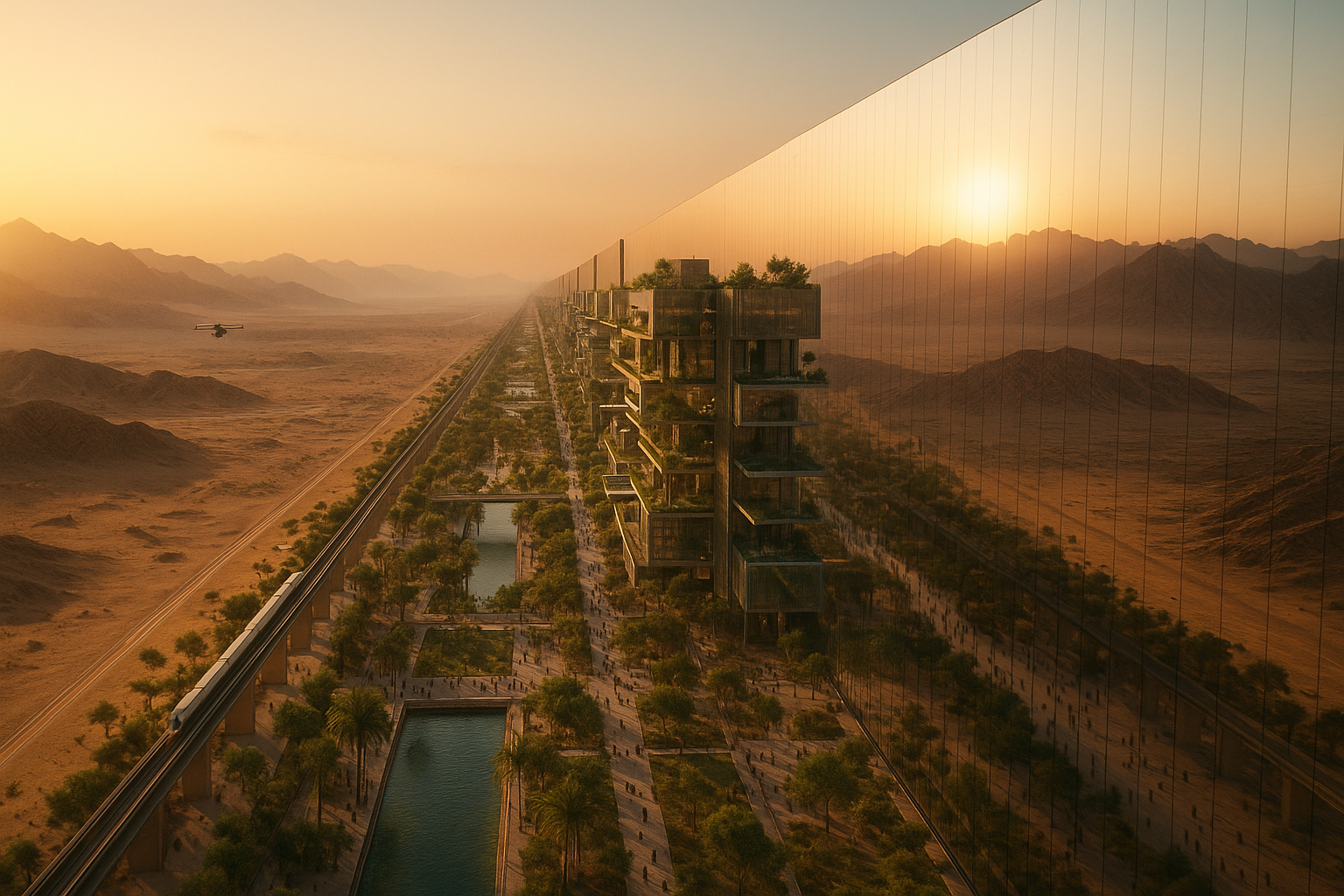 네옴 THE LINE 콘셉트: 수직적 도시 레이어와 미러 파사드