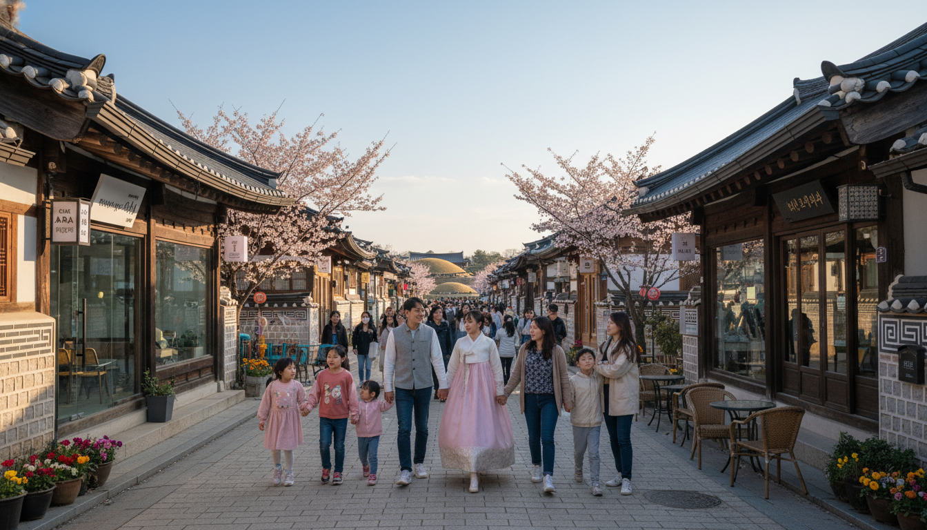 경주 황리단길의 활기찬 풍경. 전통 한옥 건물들이 현대적인 카페와 상점으로 변모하여 MZ세대와 가족들이 어우러져 거리를 즐기는 모습.