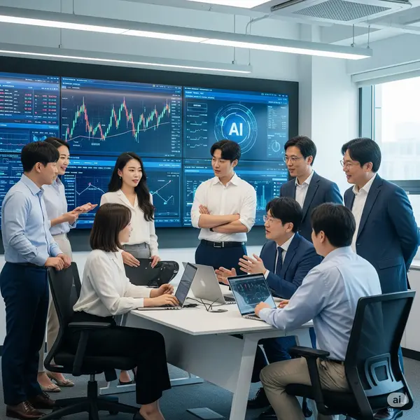 현대적인 사무실에서 한국인 전문가들이 대형 스크린의 주식 시장 데이터와 AI 시각화를 보며 소버린 AI 관련 주식에 대해 토론하는 모습. 기술과 금융 분야의 협력을 보여주는 장면.