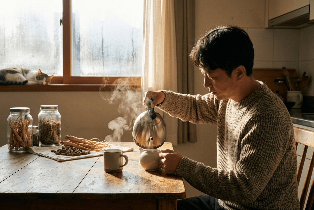 햇살 비치는 주방 창가에서 니트 입은 남성이 주전자에서 따뜻한 차를 따라 마시며 루틴을 준비하는 장면입니다. 테이블 위에는 원물 재료가 담긴 유리병과 머그컵이 놓여 있어, 집에서 즐기는 전통차·환절기 따뜻한 한 잔 분위기를 담았습니다.