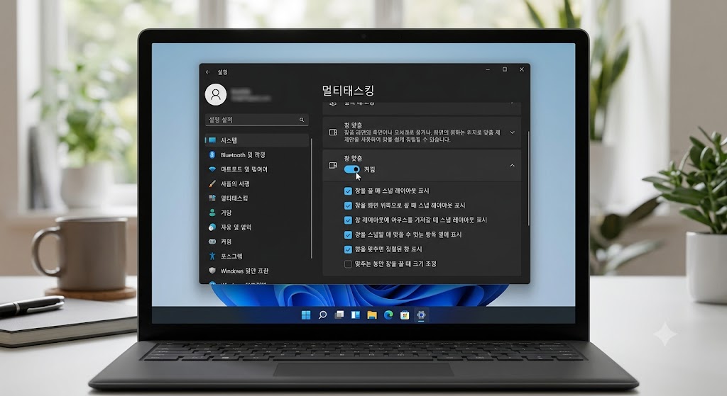 윈도우 11 시스템 멀티태스킹 메뉴에서 창 맞춤 옵션을 켜는 설정 화면