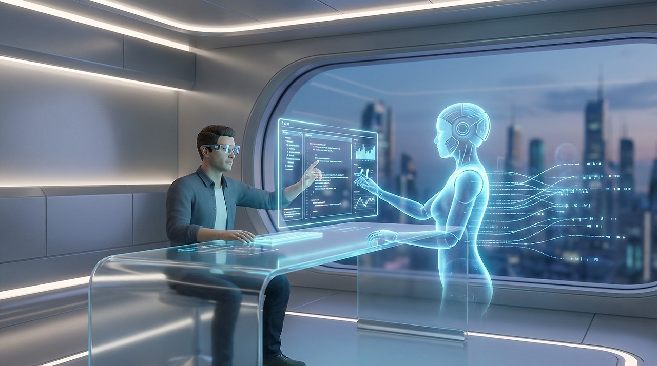 2026년 웹개발 트렌드인 AI와 인간의 협업을 상징하는 미래형 일러스트