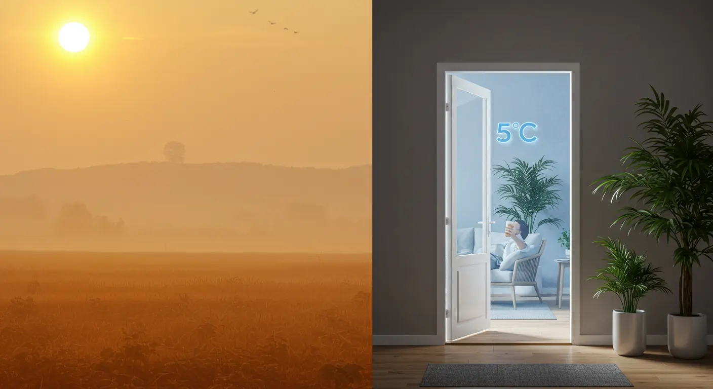 햇살이 차단된 채 시원한 바람이 부는 듯한 쾌적한 거실 풍경