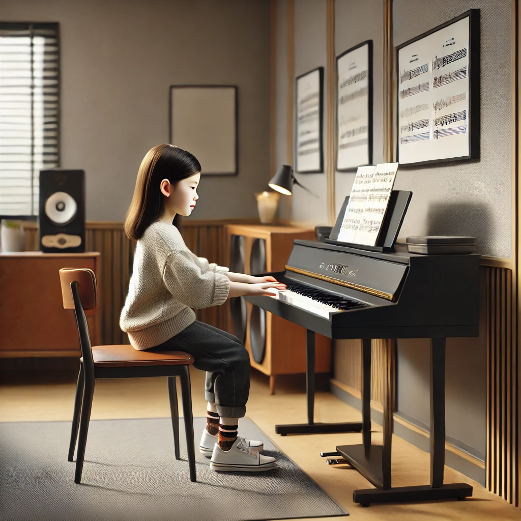 밝은 음악실에서 피아노를 연주하며 집중하는 어린 소녀