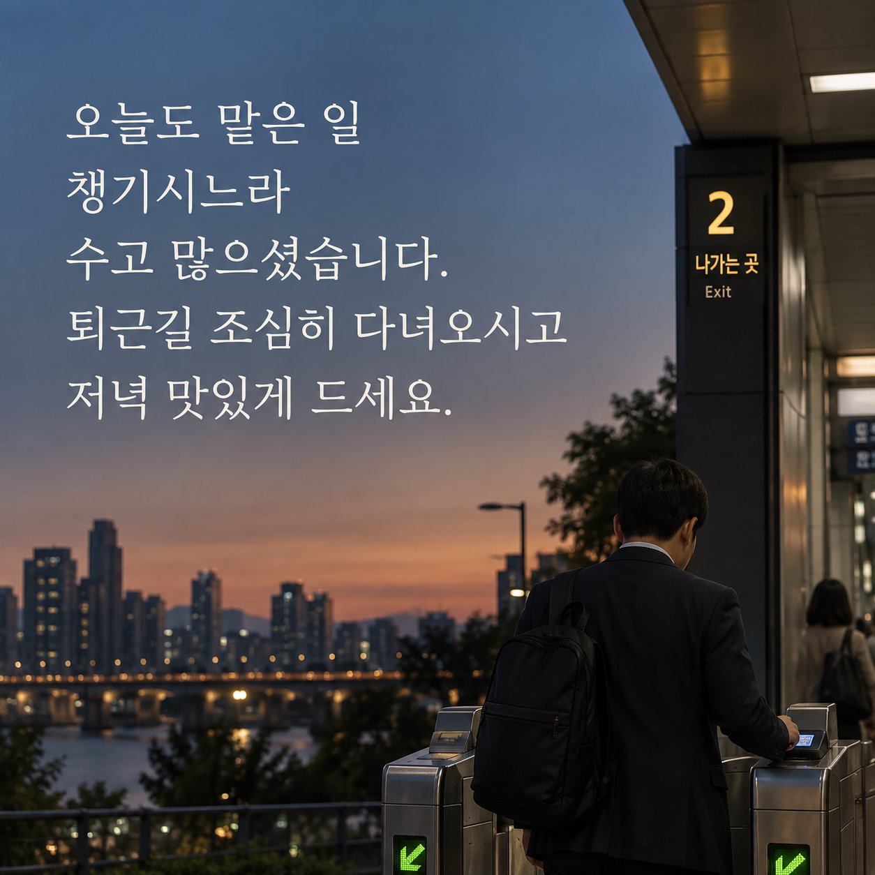 직장인 저녁 인사 이미지 11 — 오늘도 맡은 일 챙기시느라 수고 많으셨습니다. 퇴근길 조심히 다녀오시고 저녁 맛있게 드세요.