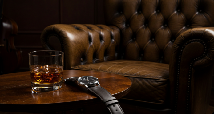 가죽 팔걸이가 있는 빈티지 안락의자와 위스키 한 잔