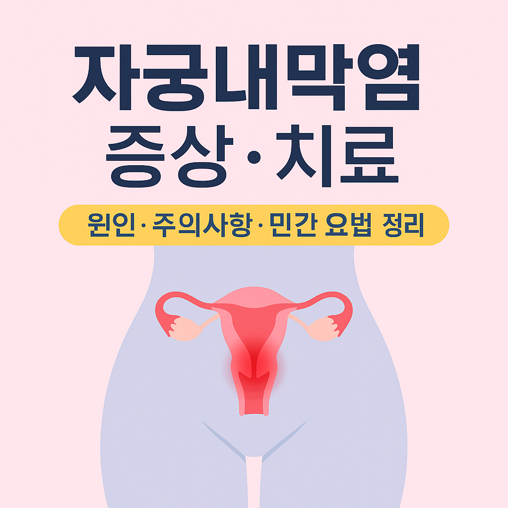 자궁내막염의 증상과 치료, 원인 및 주의사항, 민간 요법을 정리한 의료 인포그래픽 이미지로, 자궁 일러스트와 산부인과 느낌을 강조한 이미지