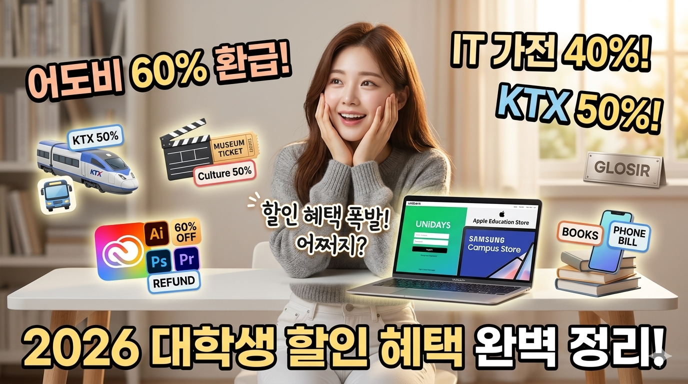 2026년 대학생이라면 무조건 챙겨야 할 필수 할인 및 혜택 완벽 정리: IT 가전 40%·KTX 50%·어도비 60% 환급까지!