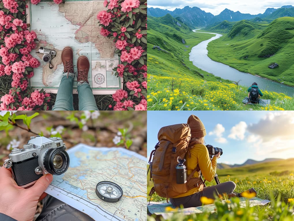 카메라, 돗자리, 지도와 나침반 이미지