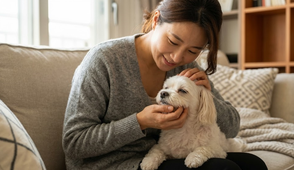 강아지 양치질 거부감을 없애기 위해 입 주변 터치에 적응하는 훈련 모습