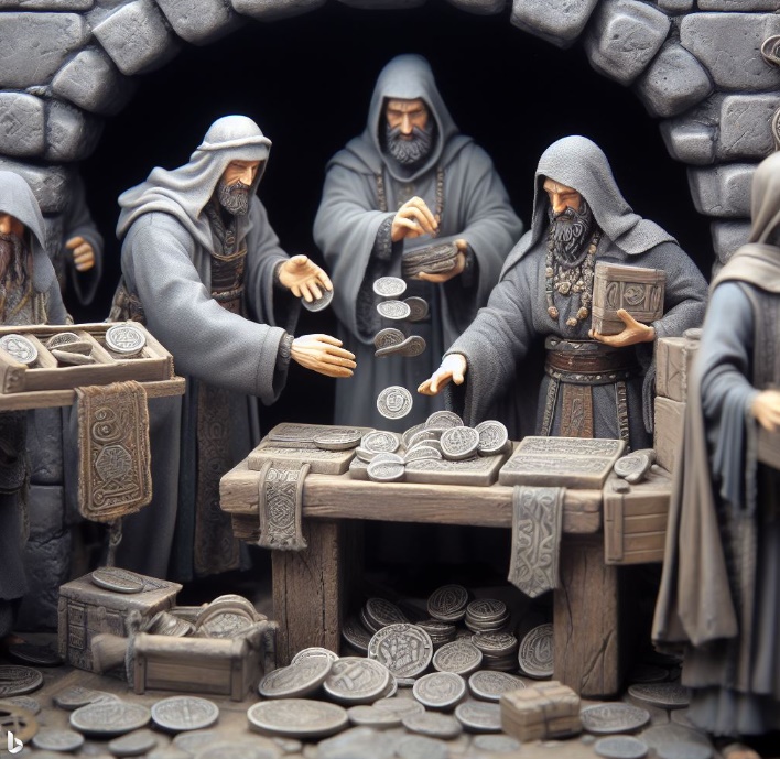 중세 시대의 상인들이 동전을 돌 판에 떨어뜨리는 모습(made by Bing)