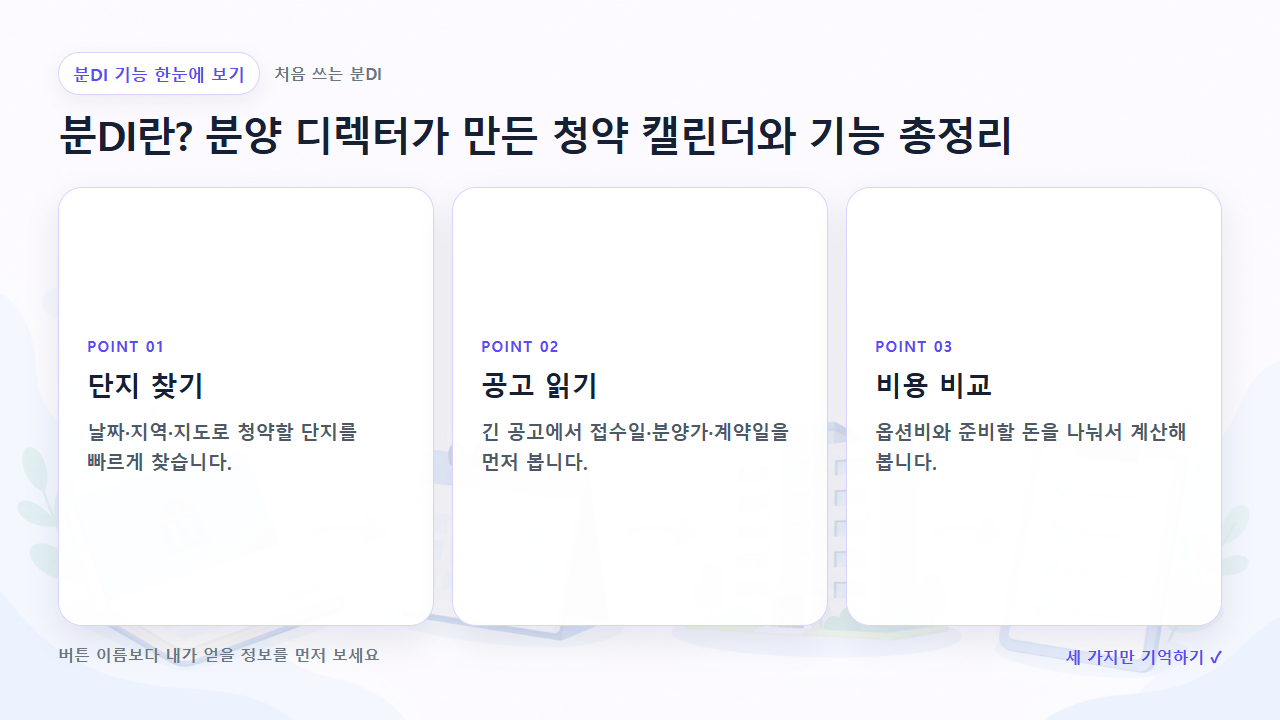 분DI란? 분양 디렉터가 만든 청약 캘린더와 기능 총정리에서 먼저 볼 세 가지를 정리한 한눈에 보기