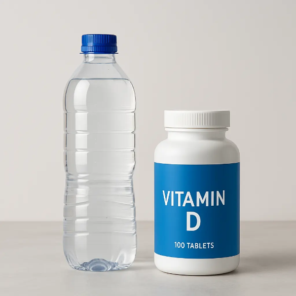 깨끗한 배경 위 투명한 물병과 비타민 D 보충제