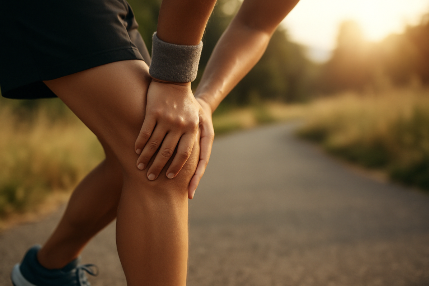 무릎을 부여잡고 있는 이미지