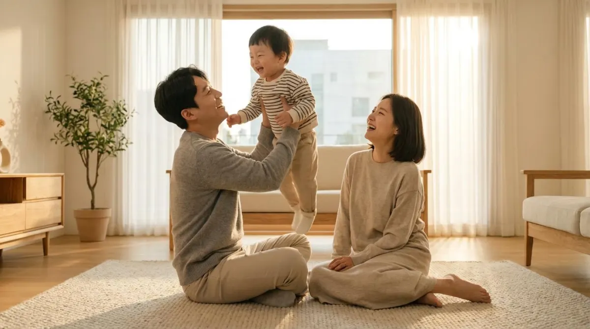 2026년 육아휴직 사후지급금 폐지 제도로 경제적 걱정을 덜고 거실에서 아이와 함께 웃으며 행복한 시간을 보내는 젊은 한국인 부부의 모습