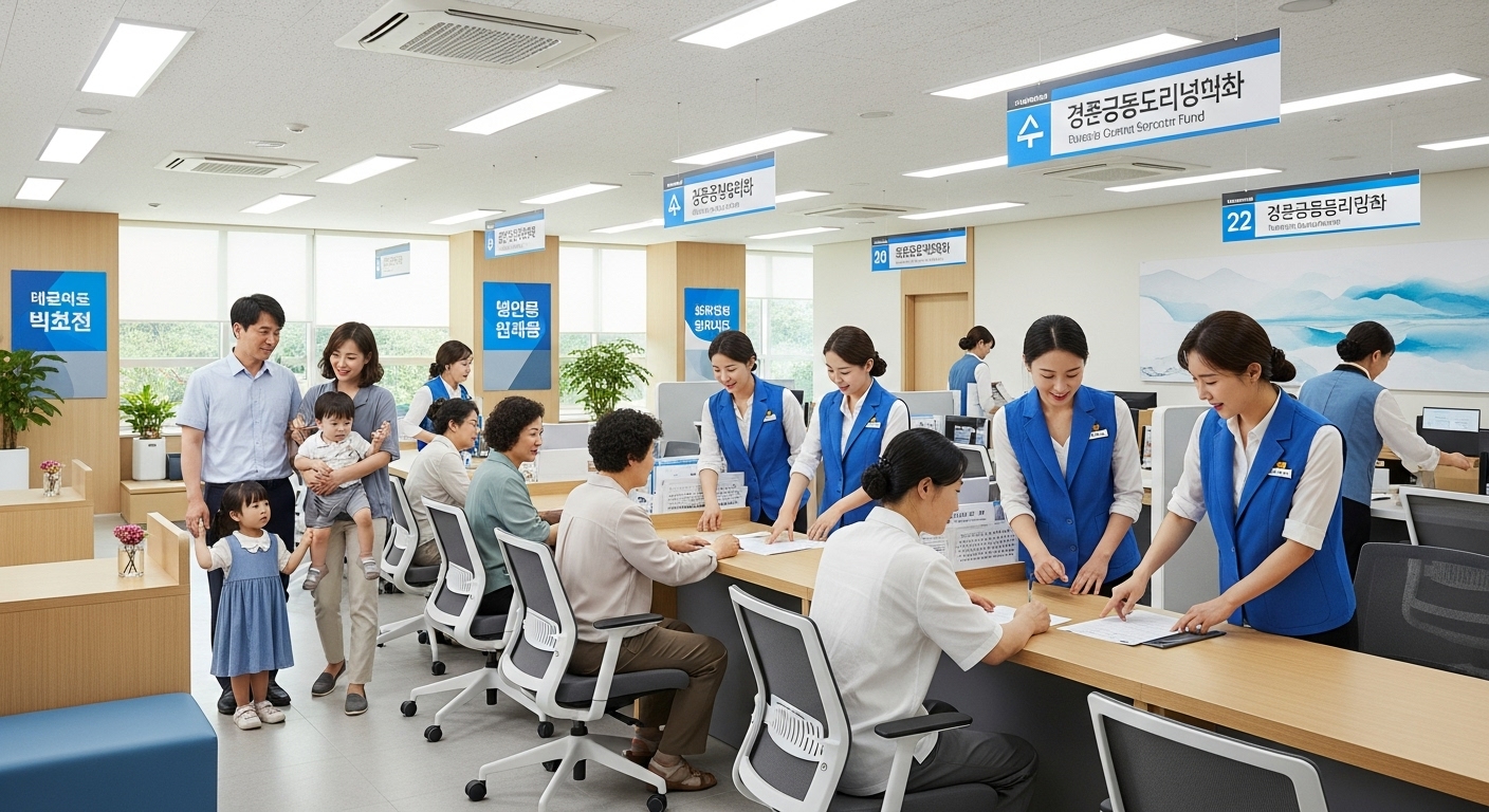 순천시 행정복지센터에서 친절한 직원 안내를 받으며 민생지원금 신청서를 작성하는 시민들의 모습
