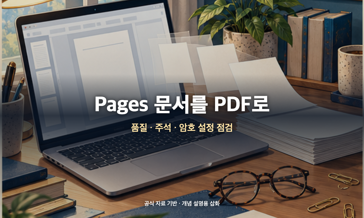 Mac의 Pages 문서를 PDF로 내보내며 이미지 품질과 주석 및 암호 설정을 확인하는 모습