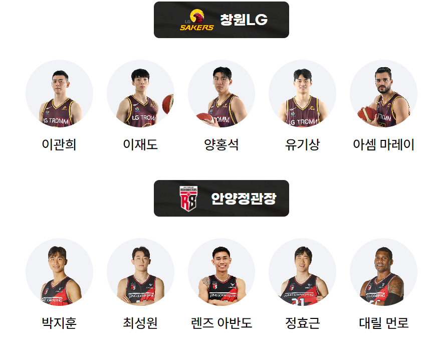 검은색 테두리 흰글씨 창원LG -
이레 선수들
검은색 테두리 흰글씨 안양정관장 -
이레 선수들