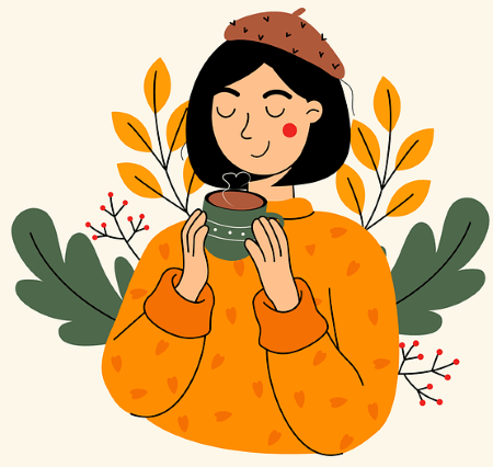 커피잔에 담긴 커피향을 마시는 여자 일러스트