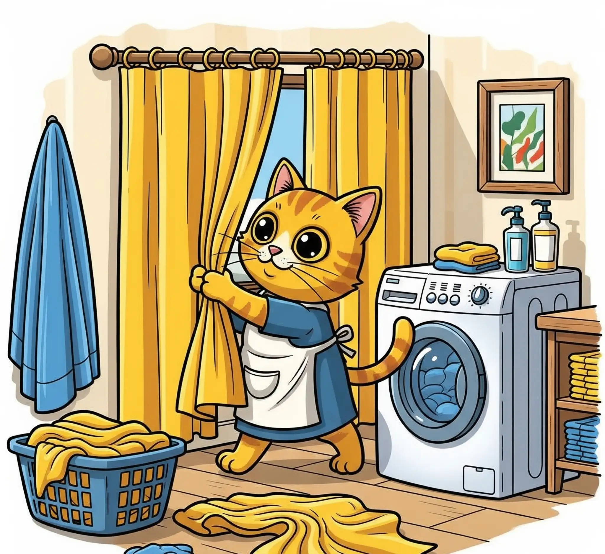 커튼을 빨래하려는 고양이 그림, Illustration of a cat trying to wash curtains