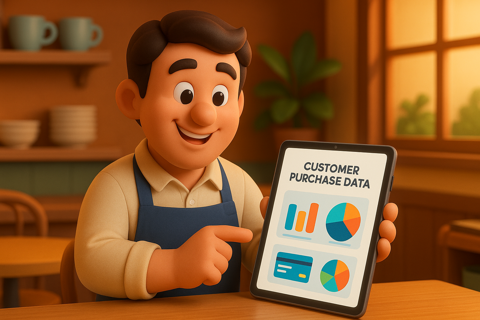 카페 주인이 태블릿으로 고객 구매 데이터를 분석하며 미소 짓는 모습, 차트와 그래프가 함께 표시됨