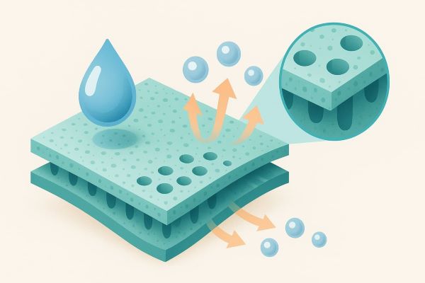 방수 멤브레인의 미세 구조와 선택적 투과 기능을 보여주는 과학적 다이어그램