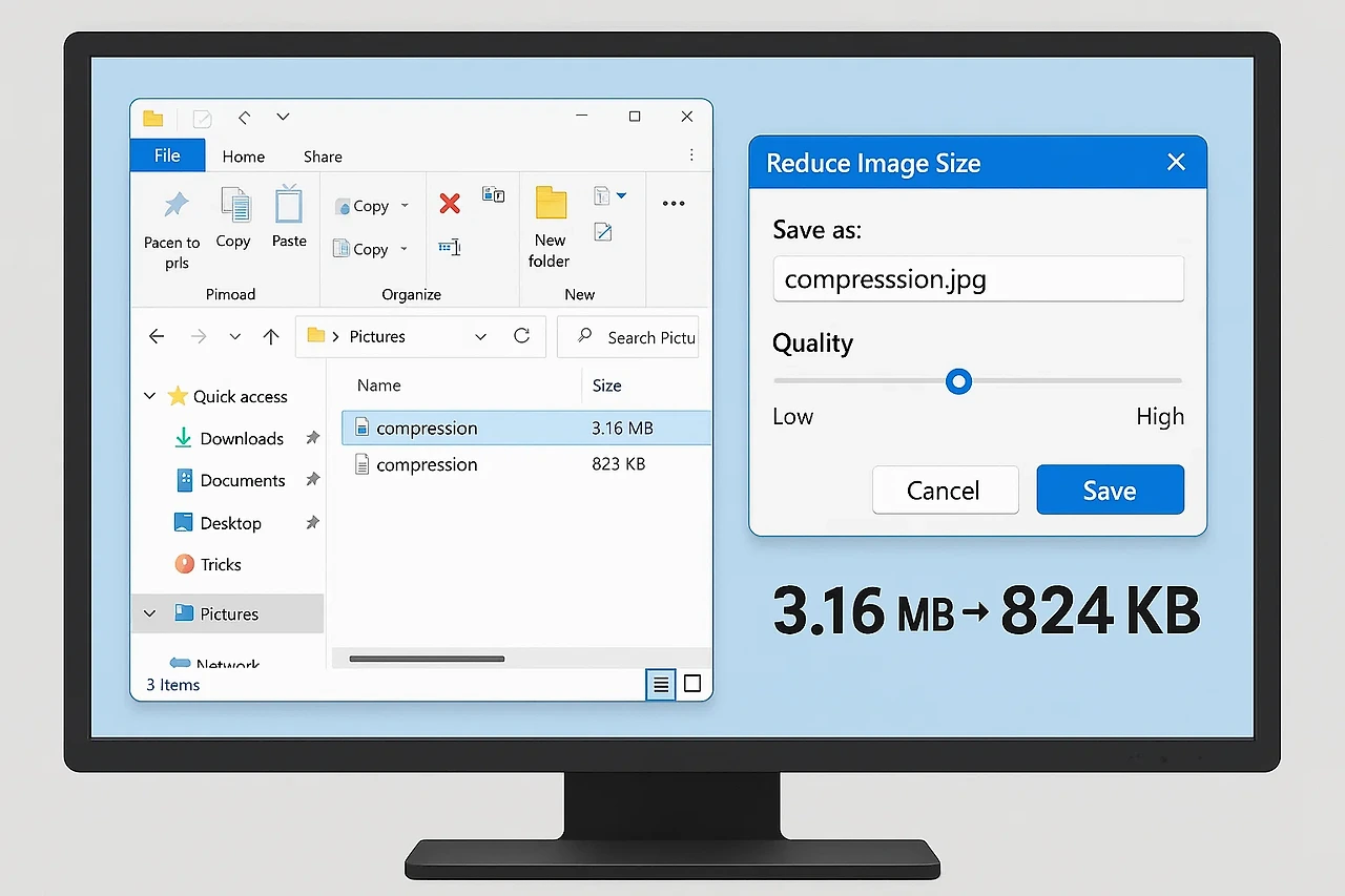 PC에서 사진 용량을 줄이는 방법을 보여주는 컴퓨터 화면과 압축 전후 파일 크기 비교