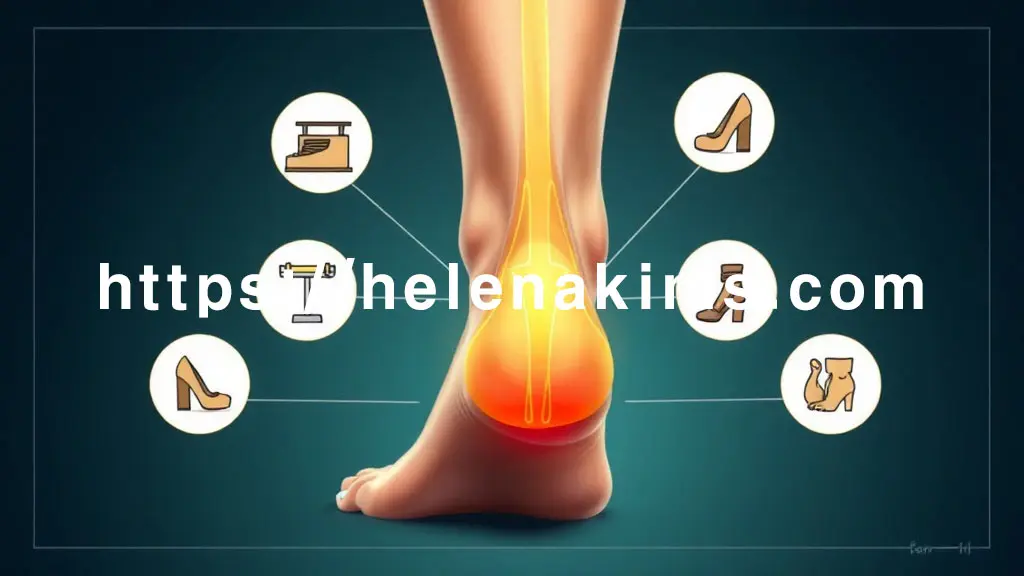 발뒤꿈치와 족저근막을 중심으로 과체중(저울), 굽 높은 신발, 평발 형태의 발바닥, 뻣뻣한 종아리 근육 아이콘들이 있는 그래픽 이미지.