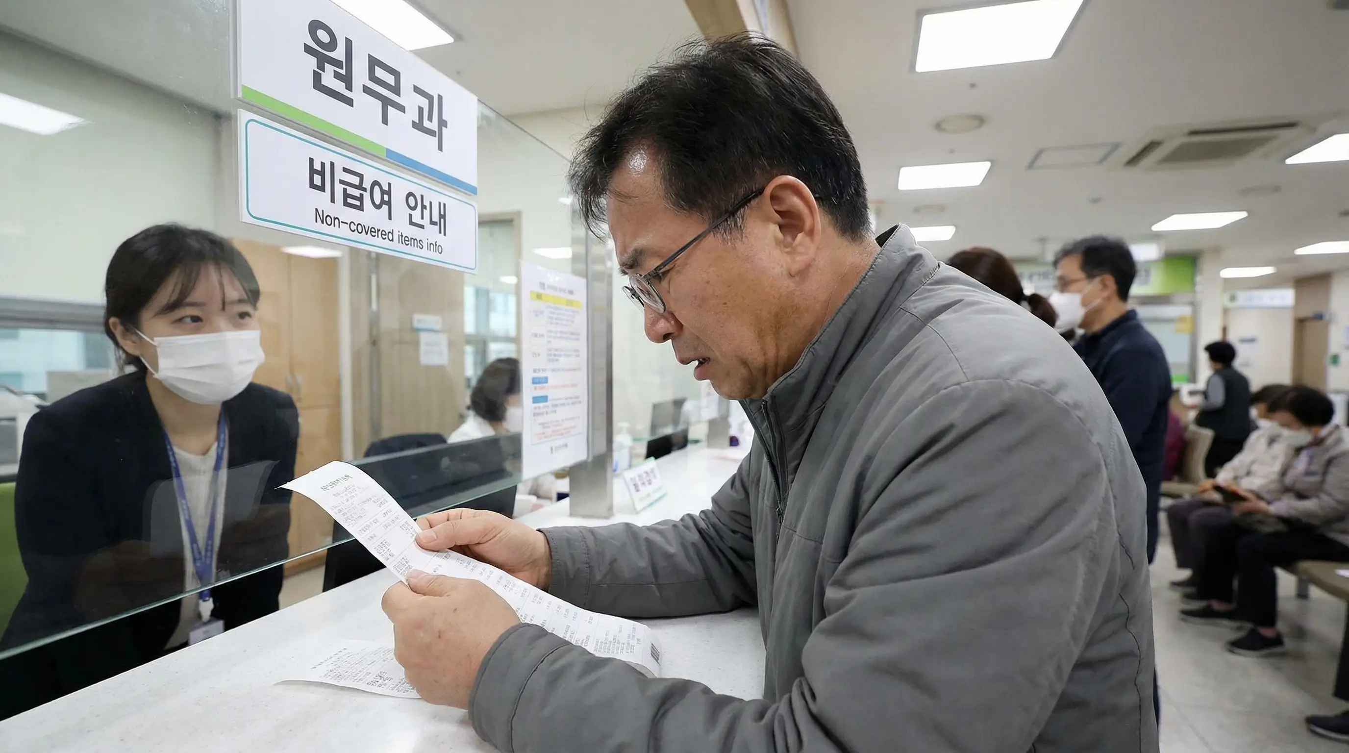 병원 원무과 창구에서 긴 영수증을 받아들고 비급여 항목 금액에 놀라 고민하는 환자