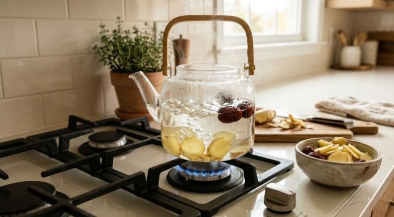 유리 주전자에 생강과 대추를 넣어 끓이는 생강차