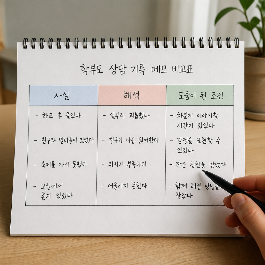 상담 기록에서 사실, 해석, 도움이 된 조건을 구분하는 비교표