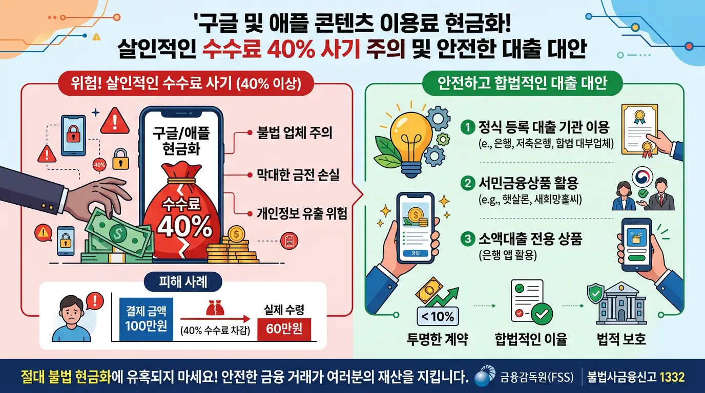 구글 및 애플 콘텐츠 이용료 현금화 시 발생하는 살인적인 수수료 40% 사기를 경고하고 안전한 대출 대안을 제시하는 인포그래픽