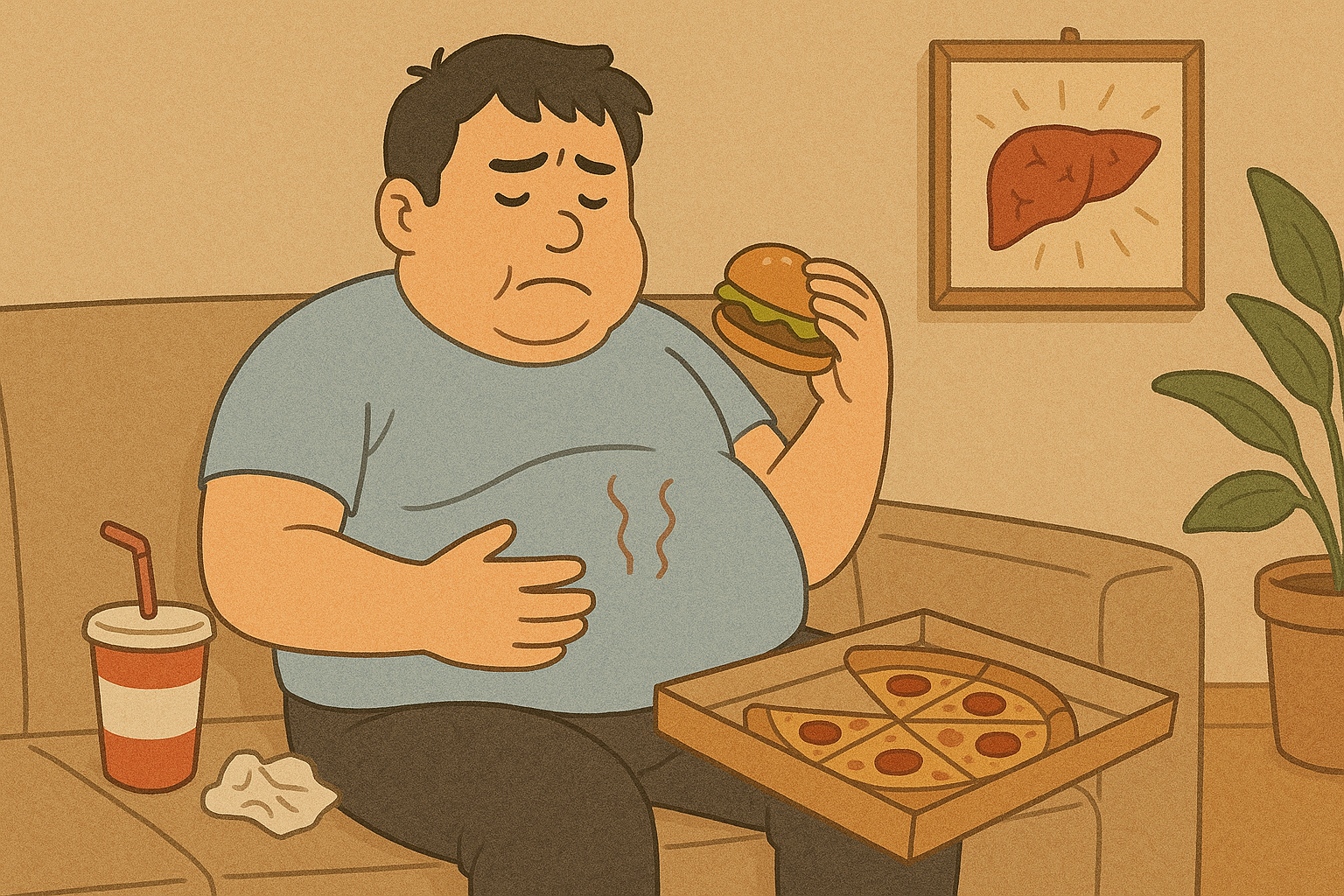 야식과 같은 잘못된 식습관으로 건강이 안좋아진 모습