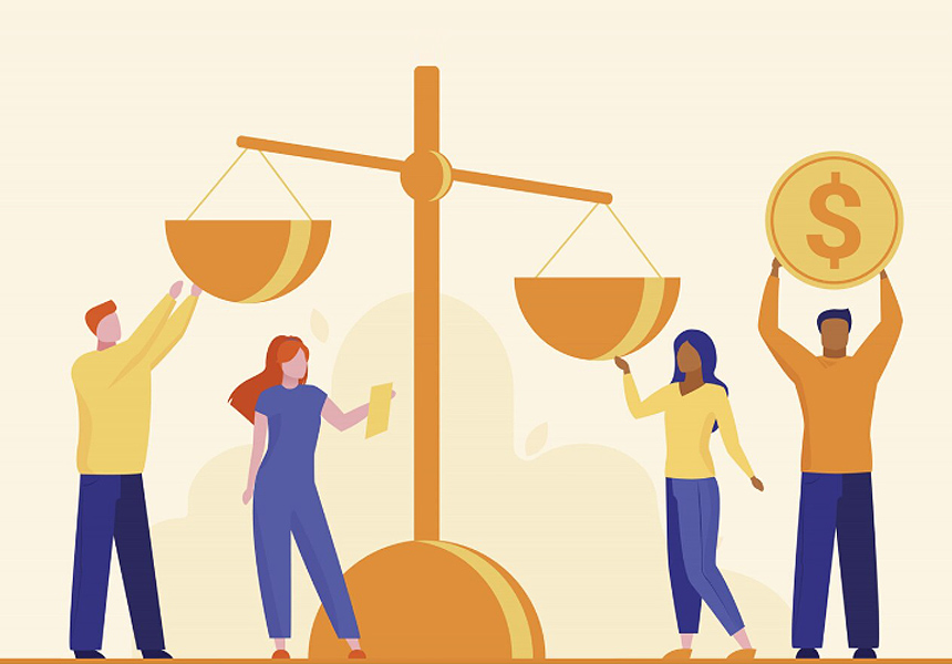 추석 보너스를 소비와 저축 사이에서 균형 있게 활용하는 저울 일러스트