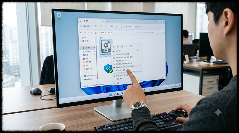 다운로드한 설치 파일을 Microsoft Defender로 검사하는 모습