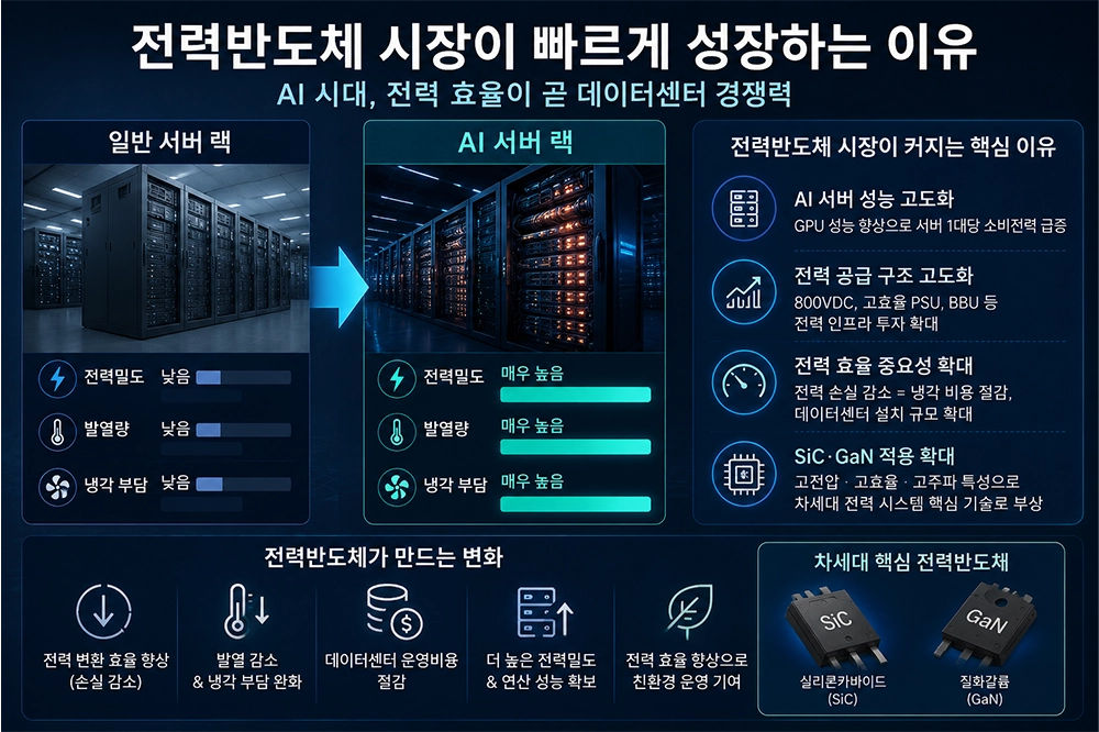 AI 데이터센터의 전력 수요 증가와 SiC·GaN 전력반도체 시장 성장 이유를 비교해 설명하는 인포그래픽 이미지