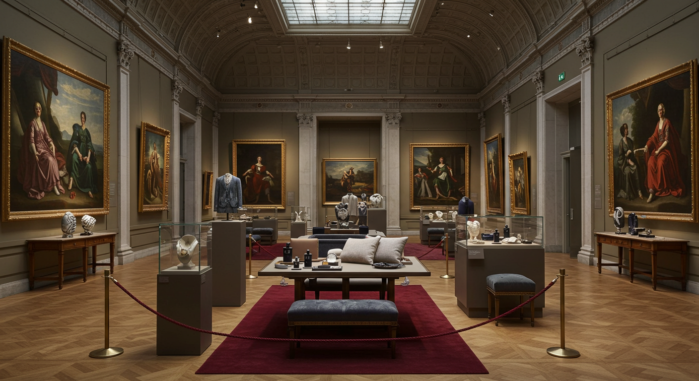 고전 미술 전시장에서 브랜드 제품이 전시된 모습